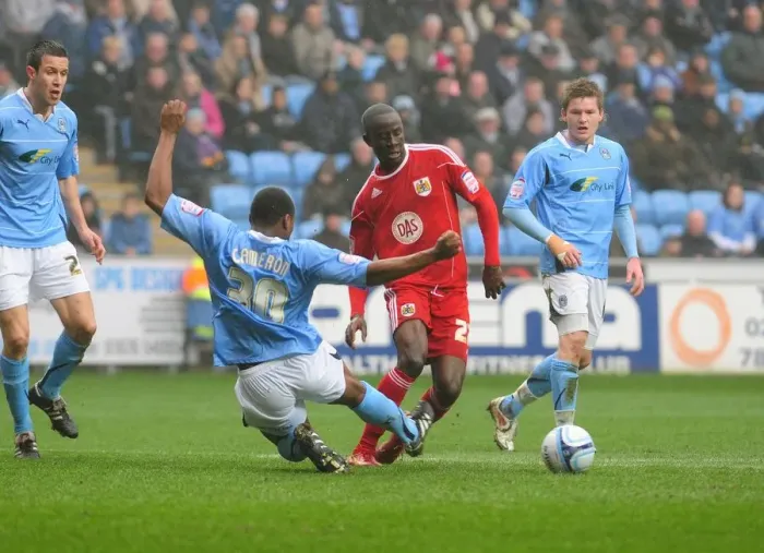 Framed Print : Adomah Penalty Drama: Coventry's Cameron Fouls Bristol City's Star in Championship Clash at Ricoh Arena (05 / 03 / 2011) Framed Print : Adomah Penalty Drama: Coventry's Cameron Fouls Bristol City's Star in Championship Clash at Ricoh Arena (05 / 03 / 2011)