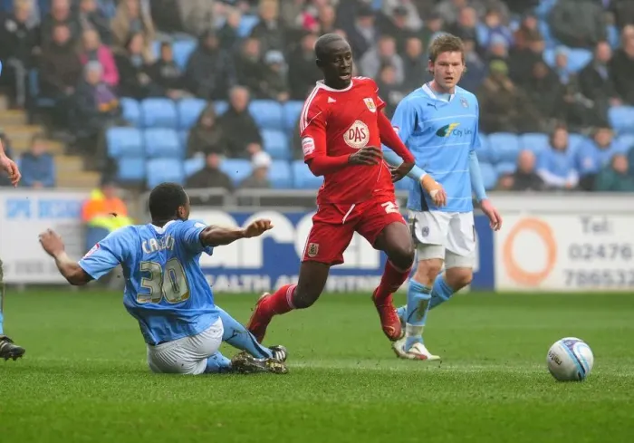 Framed Print : Adomah Penalty Drama: Coventry's Nathan Cameron Fouls Bristol City's Albert Adomah at Ricoh Arena (05 / 03 / 2011, Championship) Framed Print : Adomah Penalty Drama: Coventry's Nathan Cameron Fouls Bristol City's Albert Adomah at Ricoh Arena (05 / 03 / 2011, Championship)