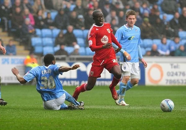 Adomah Penalty Drama: Coventry's Nathan Cameron Fouls Bristol City's Albert Adomah at Ricoh Arena (05 / 03 / 2011, Championship)