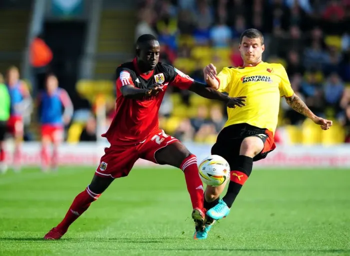 Framed Print : Adomah vs Pudil: Battle for Supremacy in the Championship Clash between Watford and Bristol City Framed Print : Adomah vs Pudil: Battle for Supremacy in the Championship Clash between Watford and Bristol City