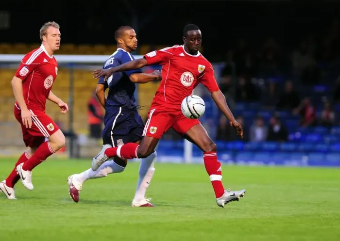 Framed Print : Adomah vs Soares: Battle for the Ball in the Carling Cup Clash between Southend United and Bristol City (10-08-2010)