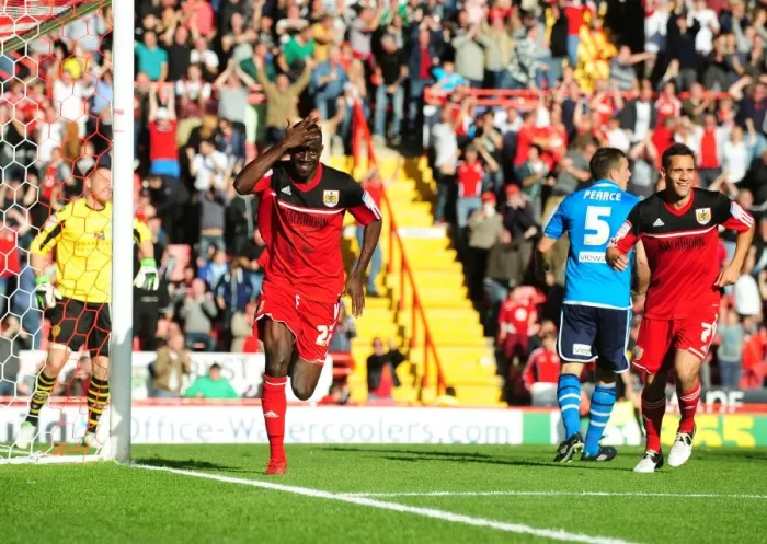 Framed Print : Adomah's Goal Celebration: Bristol City vs Leeds United, Championship Football Match, Ashton Gate Stadium (September 2012) Framed Print : Adomah's Goal Celebration: Bristol City vs Leeds United, Championship Football Match, Ashton Gate Stadium (September 2012)