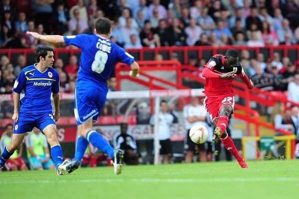 Adomah's Shot: Intense Moment from the Bristol City vs. Cardiff City Championship Clash at Ashton Gate Stadium (August 25, 2012)