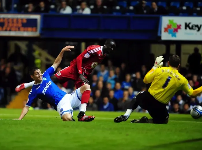 Framed Print : Adomah's Shot Stopped: Portsmouth vs. Bristol City Championship Showdown (September 2010)