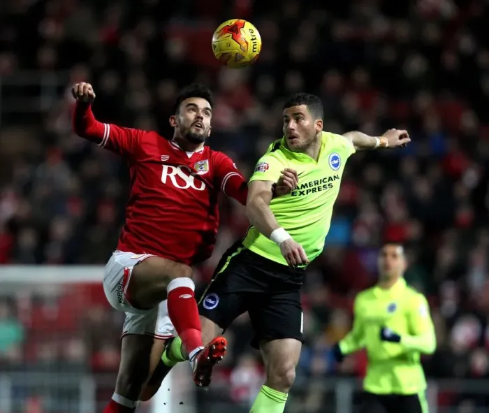 Framed Print : Aerial Clash: Marlon Pack vs Tomer Hemed, Bristol City vs Brighton & Hove Albion