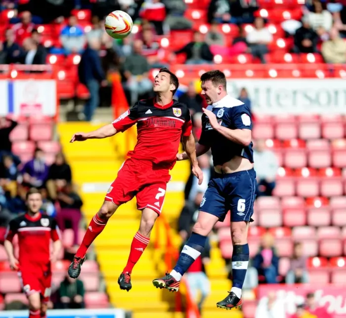 Framed Print : Aerial Clash: Sam Baldock vs Anthony Gerrard - Bristol City vs Huddersfield Town, Npower Championship