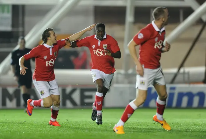 Framed Print : Agard and Freeman: Celebrating Victory - Bristol City's Goal in Sky Bet League One Against Swindon Town, April 2015 Framed Print : Agard and Freeman: Celebrating Victory - Bristol City's Goal in Sky Bet League One Against Swindon Town, April 2015