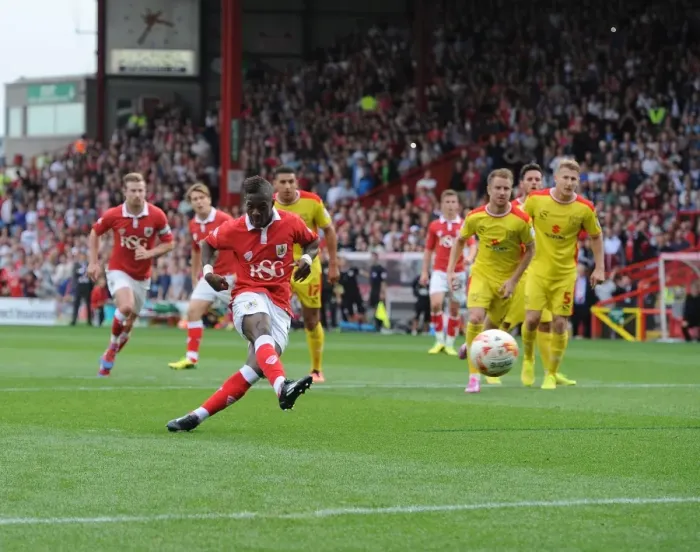 Framed Print : Agard Scores the Penalty: Bristol City vs MK Dons, September 2014