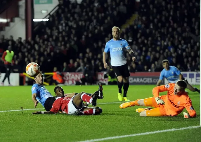 Framed Print : Agonizing Miss: Kieran Agard's Thwarted Goal Attempt vs. Bradford City (Bristol City v Bradford, Sky Bet League One, 2014) Framed Print : Agonizing Miss: Kieran Agard's Thwarted Goal Attempt vs. Bradford City (Bristol City v Bradford, Sky Bet League One, 2014)