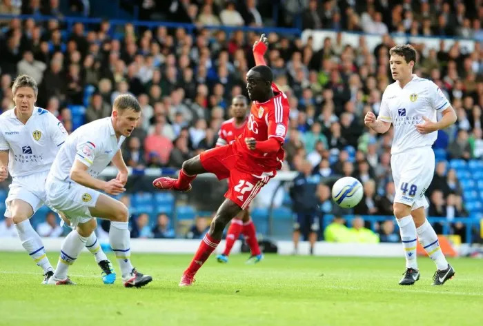 Framed Print : Albert Adomah's Blocked Shot in Leeds United vs. Bristol City League Cup Match - September 16, 2011