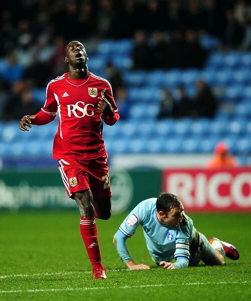 Albert Adomah's Disbelief as Coventry City Goal Narrowly Misses - Coventry City vs. Bristol City, Championship Football Match (December 26, 2011)