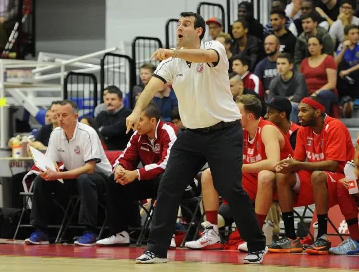 Framed Print : Andreas Kapoulas: Leading the Charge during Intense Moment at SGS Wise Campus - Bristol Flyers Basketball Game