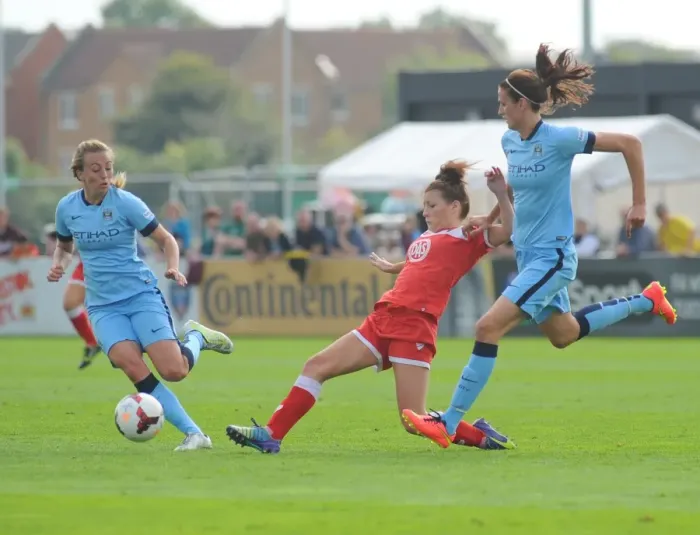 Framed Print : Angharad James of Bristol City FC Tackles Manchester City Ladies Framed Print : Angharad James of Bristol City FC Tackles Manchester City Ladies