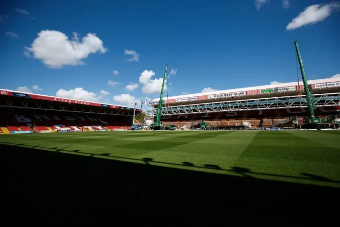 Framed Print : Ashton Gate Stadium: Hoisting the Dolman Stand Roof Extension
