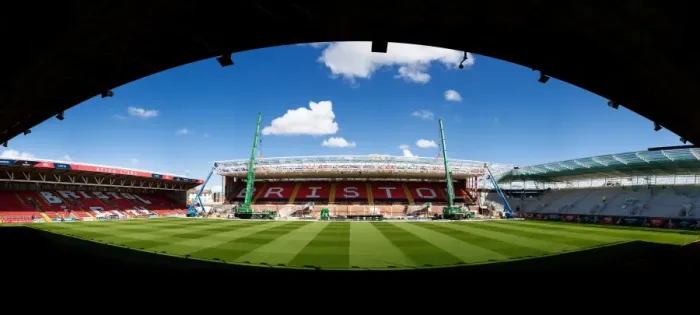 Framed Print : Ashton Gate Stadium: Raising the Dolman Stand Roof Extension