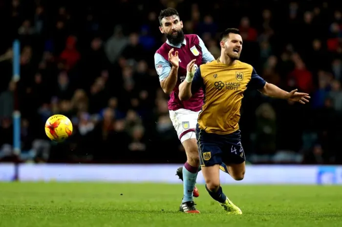 Framed Print : Bailey Wright Fouled by Mile Jedinak in Aston Villa vs. Bristol City Championship Clash