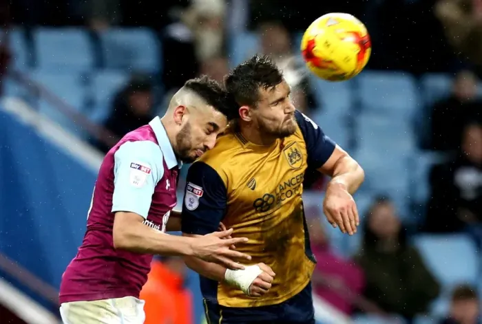 Framed Print : Bailey Wright vs Neil Taylor: Heading Battle at Villa Park - Aston Villa vs Bristol City, Sky Bet Championship