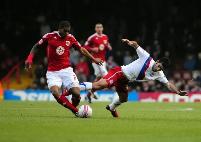 Framed Print : Battling for Championship Supremacy: Marvin Elliott vs. Pablo Counago, Bristol City vs. Crystal Palace, 2010