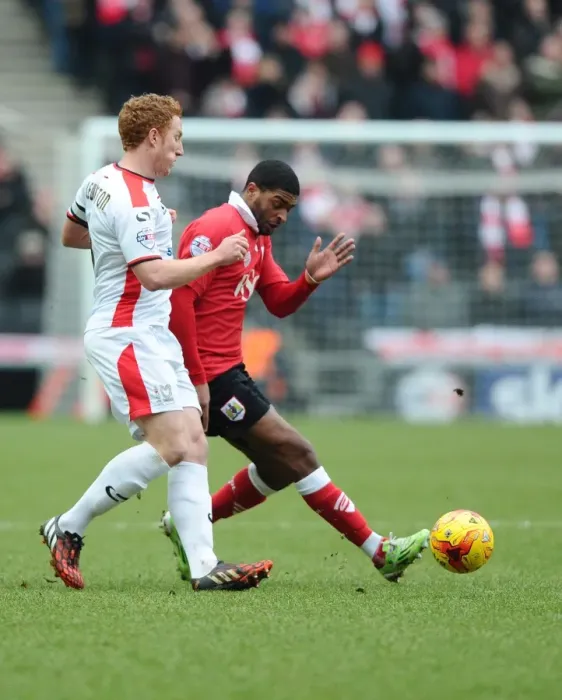 Framed Print : Battling for Control: Mark Little vs. Dean Lewington, MK Dons vs. Bristol City Framed Print : Battling for Control: Mark Little vs. Dean Lewington, MK Dons vs. Bristol City