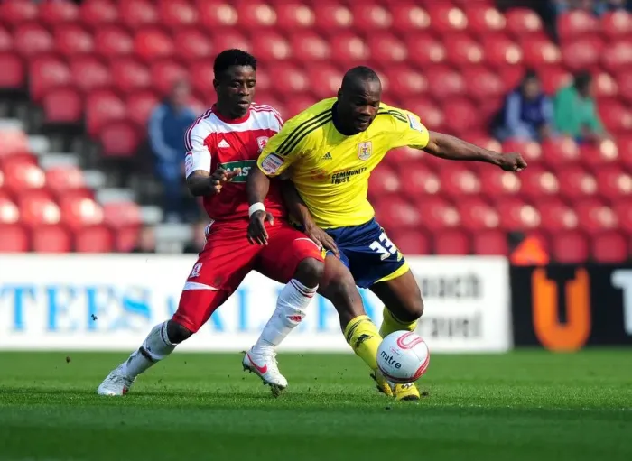 Framed Print : Battling for Control: Ogbeche vs. Amougou in the Intense Middlesbrough vs. Bristol City Clash Framed Print : Battling for Control: Ogbeche vs. Amougou in the Intense Middlesbrough vs. Bristol City Clash
