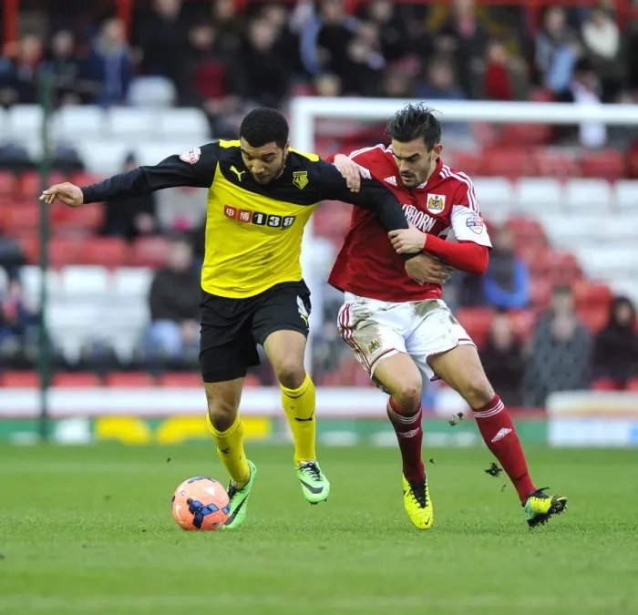 Framed Print : Battling for FA Cup Supremacy: Marlon Pack vs. Troy Deeney, Bristol City vs. Watford (04 / 01 / 2014)
