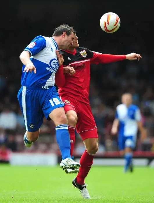 Framed Print : Battling for Height: A Football Rivalry - Ryan Taylor vs. Adam Virgo, Bristol City vs. Bristol Rovers (August 4, 2012)