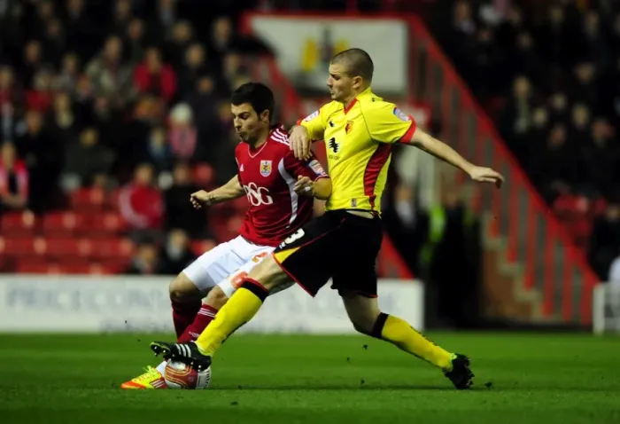 Framed Print : Battling for Possession: Foster vs. Dickinson in the 2012 Bristol City vs. Watford Match Framed Print : Battling for Possession: Foster vs. Dickinson in the 2012 Bristol City vs. Watford Match