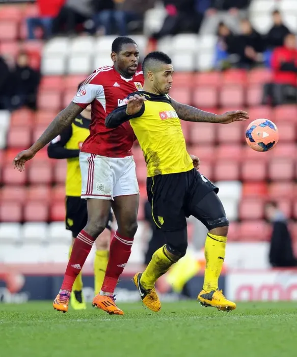 Framed Print : Battling for Possession: Jay Emmanuel-Thomas vs. Lewis McGugan in the FA Cup Third Round Clash between Bristol City and Watford Framed Print : Battling for Possession: Jay Emmanuel-Thomas vs. Lewis McGugan in the FA Cup Third Round Clash between Bristol City and Watford