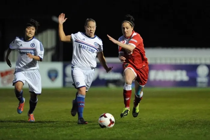 Framed Print : Battling for Possession: Laura Del Rio Garcia vs. Chelsea Ladies, Bristol Academy Football Club Framed Print : Battling for Possession: Laura Del Rio Garcia vs. Chelsea Ladies, Bristol Academy Football Club