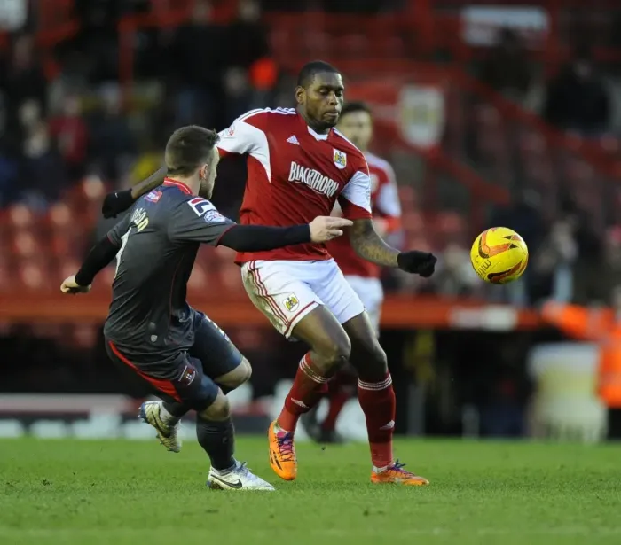 Framed Print : Battling for Supremacy: Jay Emmanuel-Thomas vs Matty Robson in Bristol City vs Carlisle United Football Match, February 2014 Framed Print : Battling for Supremacy: Jay Emmanuel-Thomas vs Matty Robson in Bristol City vs Carlisle United Football Match, February 2014