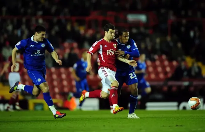 Framed Print : Battling for Supremacy: Foster vs. Danns in the Bristol City vs. Leicester City Football Rivalry Framed Print : Battling for Supremacy: Foster vs. Danns in the Bristol City vs. Leicester City Football Rivalry
