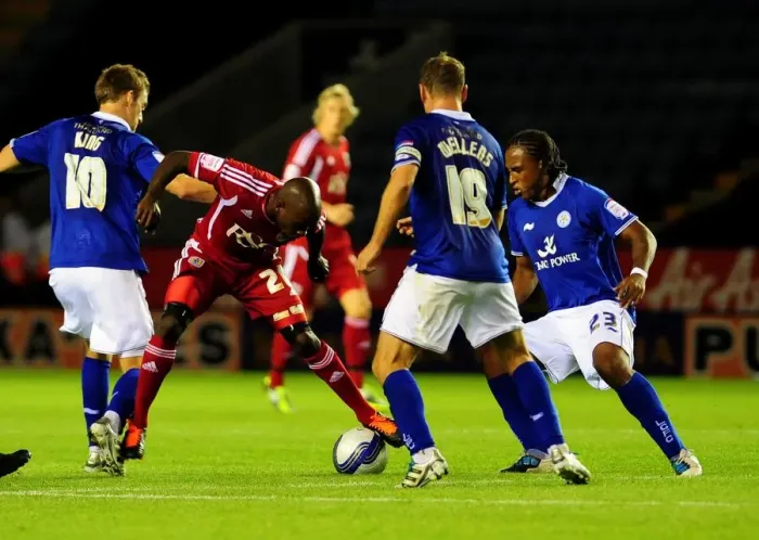 Framed Print : Battling for Supremacy: Jamal Campbell-Ryce vs. Andy King, Neil Danns, and Richard Wellens in Leicester City vs. Bristol City Championship Match, 2011 Framed Print : Battling for Supremacy: Jamal Campbell-Ryce vs. Andy King, Neil Danns, and Richard Wellens in Leicester City vs. Bristol City Championship Match, 2011