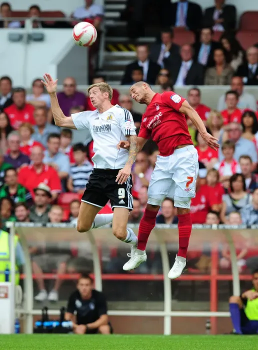 Framed Print : Battling for Supremacy: Jon Stead vs. Aldeamir Nadjimi, Nottingham Forest vs. Bristol City, Championship Football, 2012
