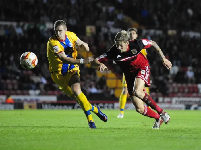Framed Print : Battling for Supremacy: Jon Stead vs. Peter Ramage in the 2012 Championship Clash between Bristol City and Crystal Palace Framed Print : Battling for Supremacy: Jon Stead vs. Peter Ramage in the 2012 Championship Clash between Bristol City and Crystal Palace
