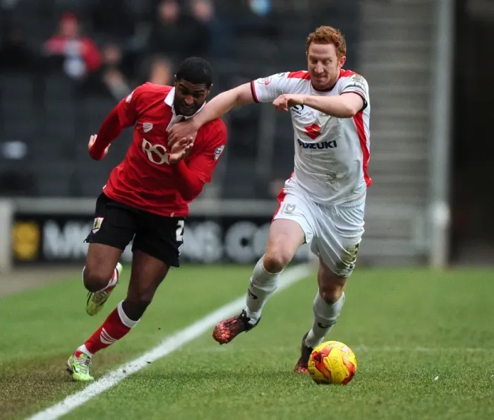 Framed Print : Battling for Supremacy: Mark Little vs. Dean Lewington in MK Dons vs. Bristol City Clash Framed Print : Battling for Supremacy: Mark Little vs. Dean Lewington in MK Dons vs. Bristol City Clash