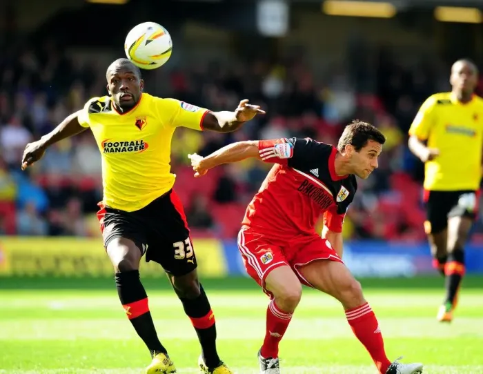 Framed Print : Battling for Supremacy: Nyron Nosworthy vs. Sam Baldock in the Championship Clash between Watford and Bristol City Framed Print : Battling for Supremacy: Nyron Nosworthy vs. Sam Baldock in the Championship Clash between Watford and Bristol City
