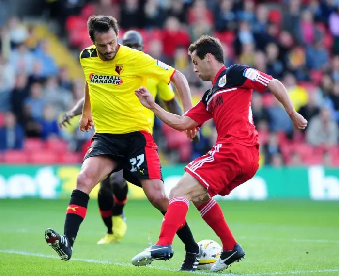 Framed Print : Battling for Supremacy: Sam Baldock vs. Marco Cassetti in the Championship Clash between Watford and Bristol City Framed Print : Battling for Supremacy: Sam Baldock vs. Marco Cassetti in the Championship Clash between Watford and Bristol City