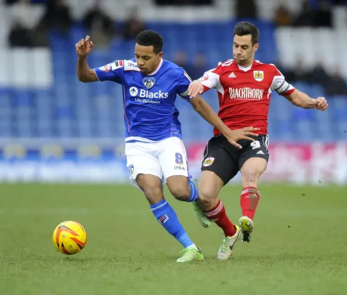 Framed Print : Battling for Supremacy: Sam Baldock vs. Korey Smith in Oldham Athletic vs. Bristol City Football Match, February 8, 2014 Framed Print : Battling for Supremacy: Sam Baldock vs. Korey Smith in Oldham Athletic vs. Bristol City Football Match, February 8, 2014