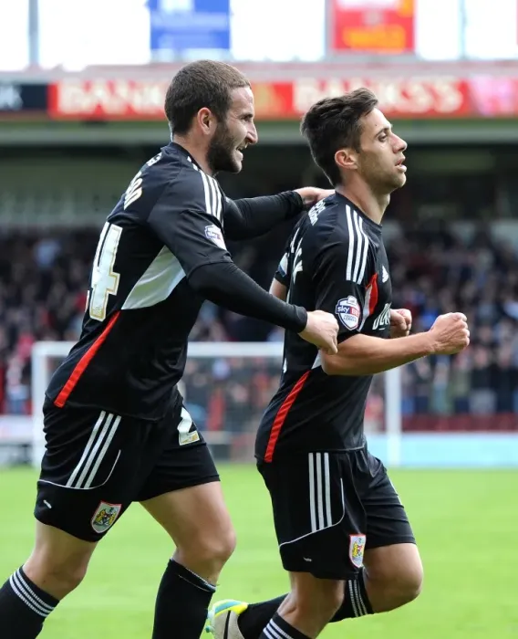 Framed Print : Battling for Victory: Sam Baldock and Martin Paterson Celebrate for Bristol City in Walsall vs. Bristol City Football Match, April 2014