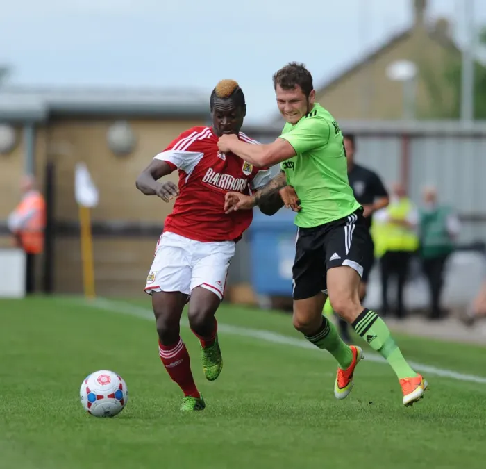 Framed Print : Battling Wings: Forest Green Rovers James Norwood vs. Bristol City's Jordan Wynter - Preseason 2013 Football Rivalry