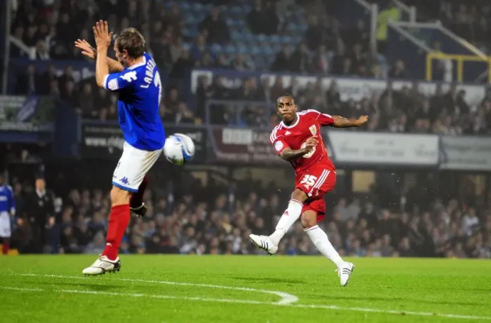 Framed Print : Blocked Shot: Danny Rose vs. Liam Lawrence in Portsmouth vs. Bristol City Championship Clash (September 2010)