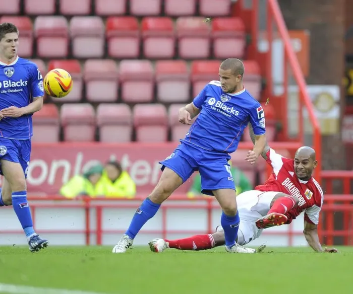 Framed Print : Blocked Shot: Marvin Elliott vs James Wesolowski - Bristol City vs Oldham Athletic Framed Print : Blocked Shot: Marvin Elliott vs James Wesolowski - Bristol City vs Oldham Athletic