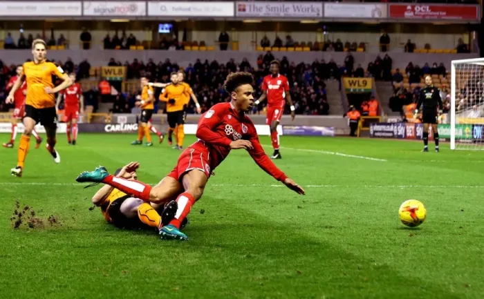 Framed Print : Bobby Reid Foul by Conor Coady: Wolverhampton Wanderers vs. Bristol City (December 2016)