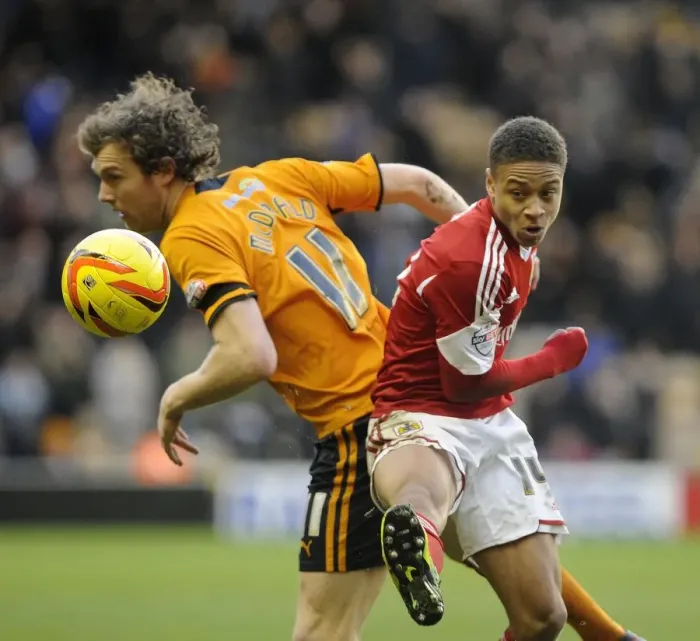 Framed Print : Bobby Reid vs. Kevin McDonald: Aerial Battle in Wolves vs. Bristol City Football Match, 2014 Framed Print : Bobby Reid vs. Kevin McDonald: Aerial Battle in Wolves vs. Bristol City Football Match, 2014