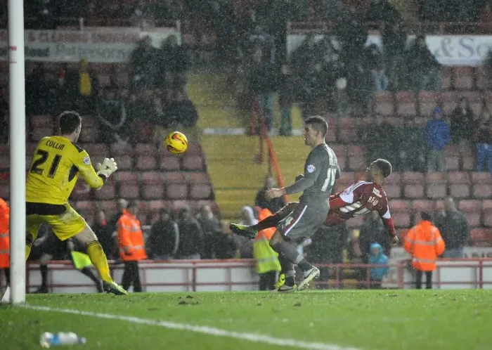 Framed Print : Bobby Reid's Close Call: Bristol City vs Rotherham United, 14th December 2013 Framed Print : Bobby Reid's Close Call: Bristol City vs Rotherham United, 14th December 2013