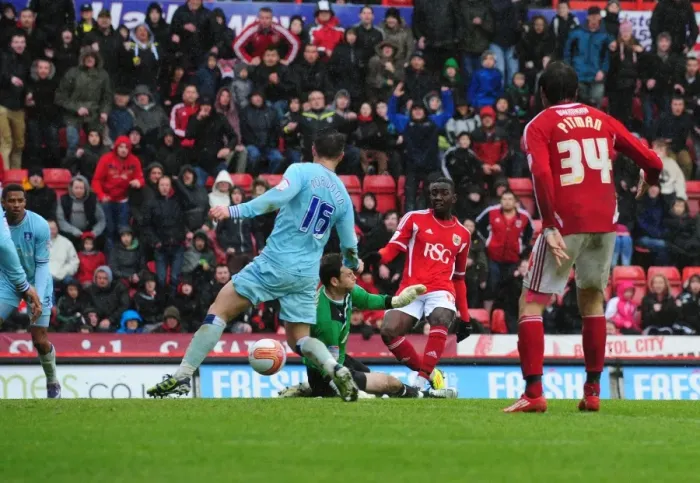 Framed Print : Bolasie Strikes: Yannick Scores Second Goal for Bristol City against Coventry City at Ashton Gate Stadium, April 9, 2012 Framed Print : Bolasie Strikes: Yannick Scores Second Goal for Bristol City against Coventry City at Ashton Gate Stadium, April 9, 2012