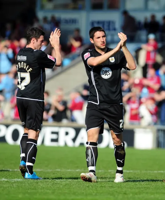 Framed Print : Bradley Orr and Ivan Sproule of Bristol City Show Appreciation to Traveling Fans vs Scunthorpe United, April 2010 (Championship Football Match)