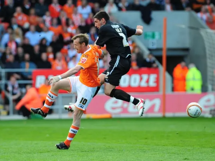 Framed Print : Bradley Orr Tackles Brett Ormerod: Intense Moment from Blackpool vs. Bristol City Championship Match, May 2010