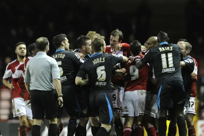 Framed Print : Brawl at Ashton Gate: Violent Clash Between Bristol City and Stevenage Football Teams (December 2013) Framed Print : Brawl at Ashton Gate: Violent Clash Between Bristol City and Stevenage Football Teams (December 2013)