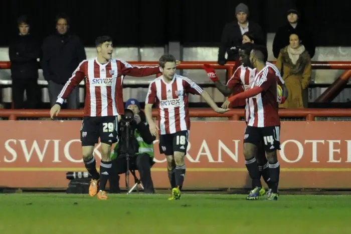 Framed Print : Brentford Celebrates Alan Judge's Goal Against Bristol City, January 2014